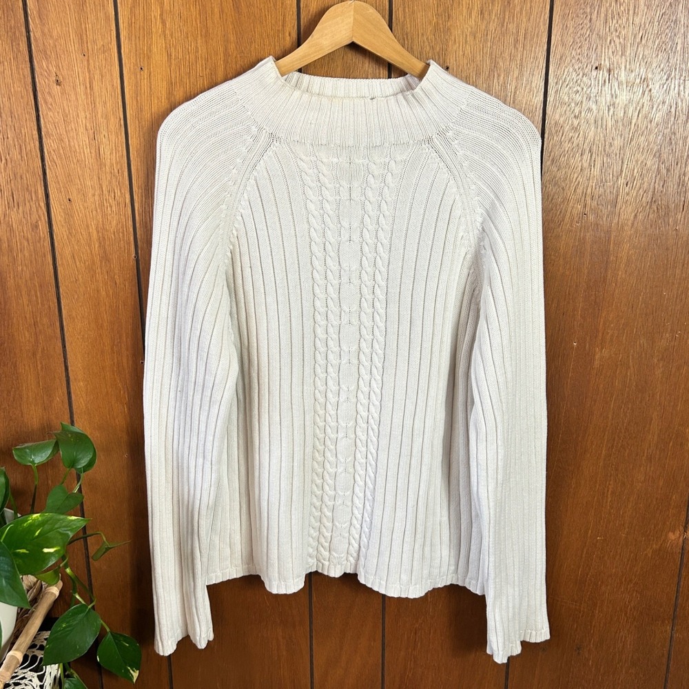 Vintage Relativity Cable Knit Mock Neck‎ Sweater Cream Cotton Size XL